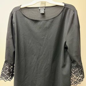 Ann Taylor Blouse Black Tunic Lace Detail bell sleeves.